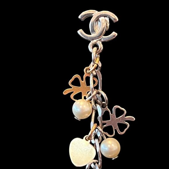 CHANEL 
Pearl CC Charm Chain Drop Earrings Silver Gold - Picture 4 of 7